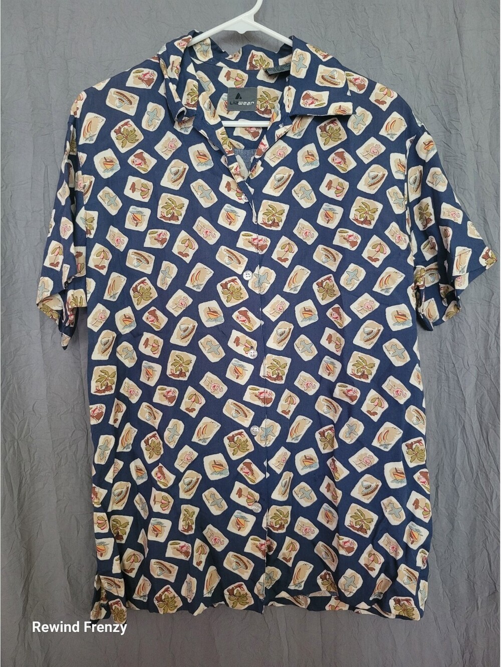 Lizwear Liz Claiborne Blue Tropical Womans Small Shirt Boho Retro Casual Golf